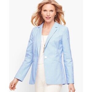 Talbots Plus Womens Gingham Blue Single Button Womans Blazer 1X